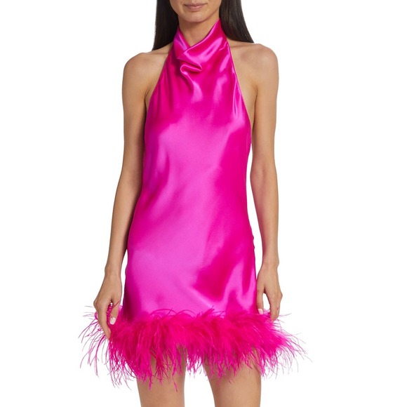 Amanda Uprichard Lunaria Feather Trim Halter Dress in Hot Pink Light M - Picture 1 of 7
